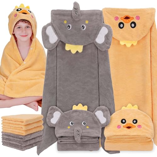 Flasoo 8 Pcs Toddler Towel Set, 2 Pcs Hooded Toddler Bath Towel, Large 55" x 27.5" Toddler Hooded Towel & 6 Pcs Baby Washcloths for Boy Girl 0-5 Year, Soft Gift for Babies, Infant, Newborn Essential - Image 1