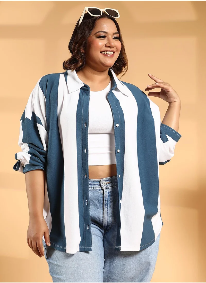 انستافاب بلس Women's Aegean Blue & Chalk White Balanced-Stripe Boxy Shirt