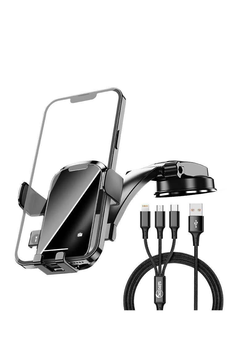 365Days Universal Car Mobile Phone Holder, long arm strong suction cell phone mount for dashboard windshield air vent,handsfree with multi head charging cable compatible with Iphone samsung huawei - Image 1