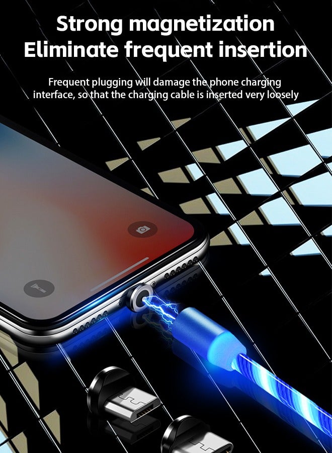 3 in 1 Magnetic Light Up Charging Cable 360 Rotating LED Phone Charger Multi Charging Cable Led Flowing Fast Charging Cord Compatible with iPhone,Type C and Micro USB Blue - Image 3