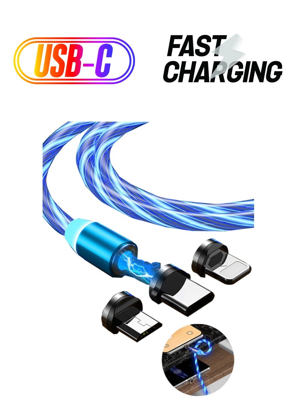 3 in 1 Magnetic Light Up Charging Cable 360 Rotating LED Phone Charger Multi Charging Cable Led Flowing Fast Charging Cord Compatible with iPhone,Type C and Micro USB Blue