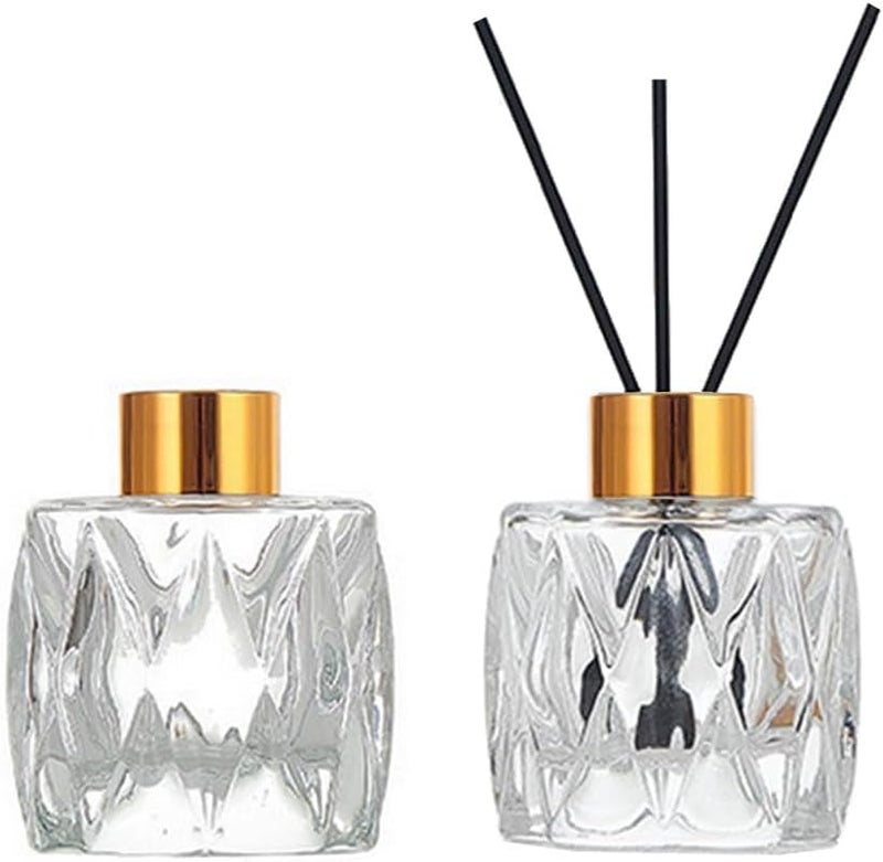 VANTOBEST 2PCS 50ml/1.7oz Glass Diffuser Bottle with Gold Cap, Prismatic Design, Essential Oil Container, Home Office DIY Replacement Set 