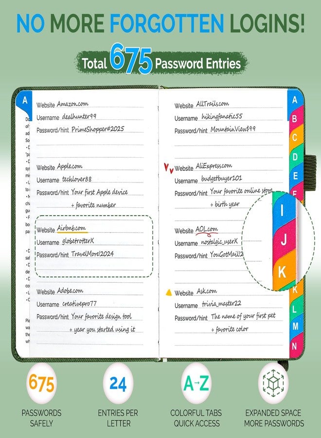 دفتر كلمات المرور (أخضر حكيم، 4.7 بوصة × 6.2 بوصة) - Image 3