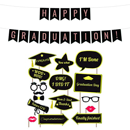 Festiko® 17 Pcs Happy Graduation Combo (Banner, Photobooth Props), Graduation Party Decoration Supplies - Image 1