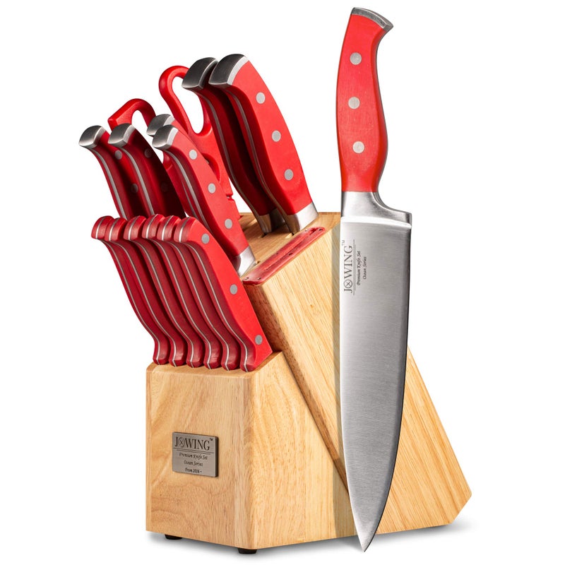 JXWING Professional 15Piece German High Carbon Stainless Steel Kitchen Knife Set Ocean Series Premium Forged Full Tang Chef Knives Set with Rubber Wood Block Red