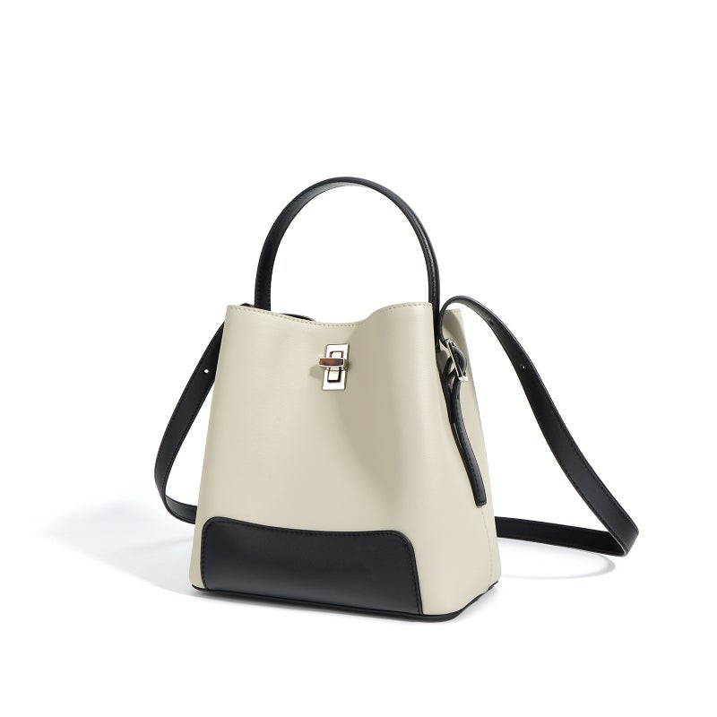 New Contrast Color Bag Women'S New Genuine Leather Handbag All-Match Shoulder Bag Crossbody Bucket Bag Commuter Women'S Bag - Image 1