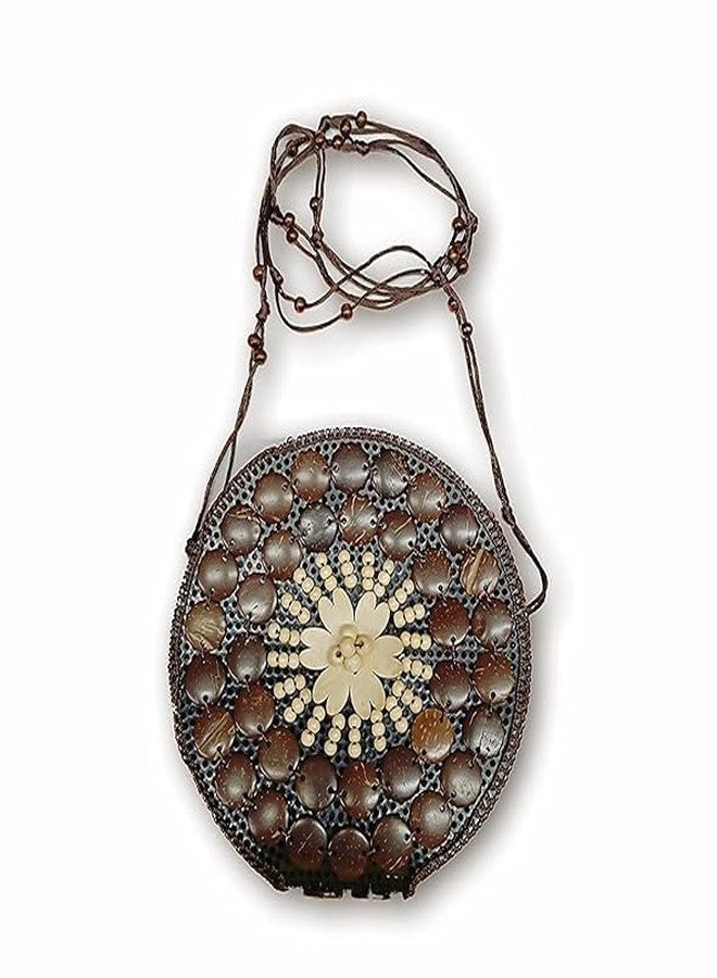 Anshraj Handcrafted Coconut Shell Beaded Sling bag for Women | Crossbody Long Strap Purse | Handmade Natural Style| Hanging Bag (Round,Pack of 1) - Image 2