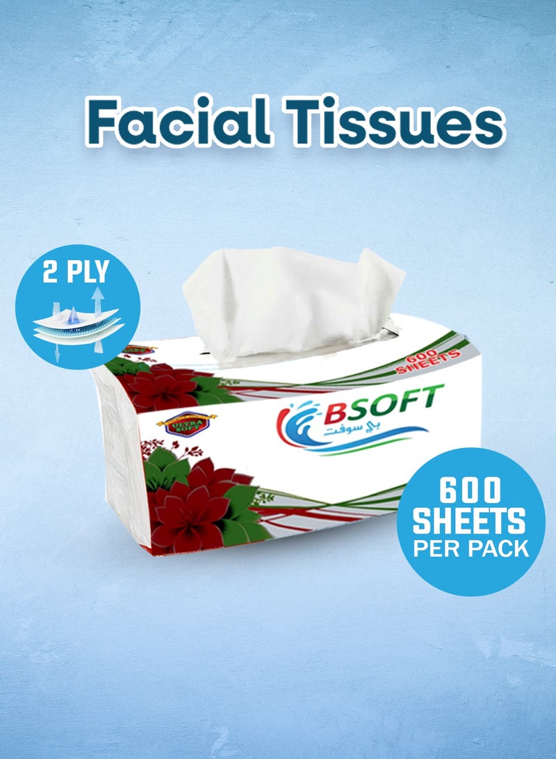 BSOFT Soft Facial Tissues – 600 Sheets, 2 Ply, Pack of 10 Boxes | Ultra-Soft, Strong & Absorbent Tissue Paper for Home, Office & Everyday Use Size 19x20 Cm - Image 2