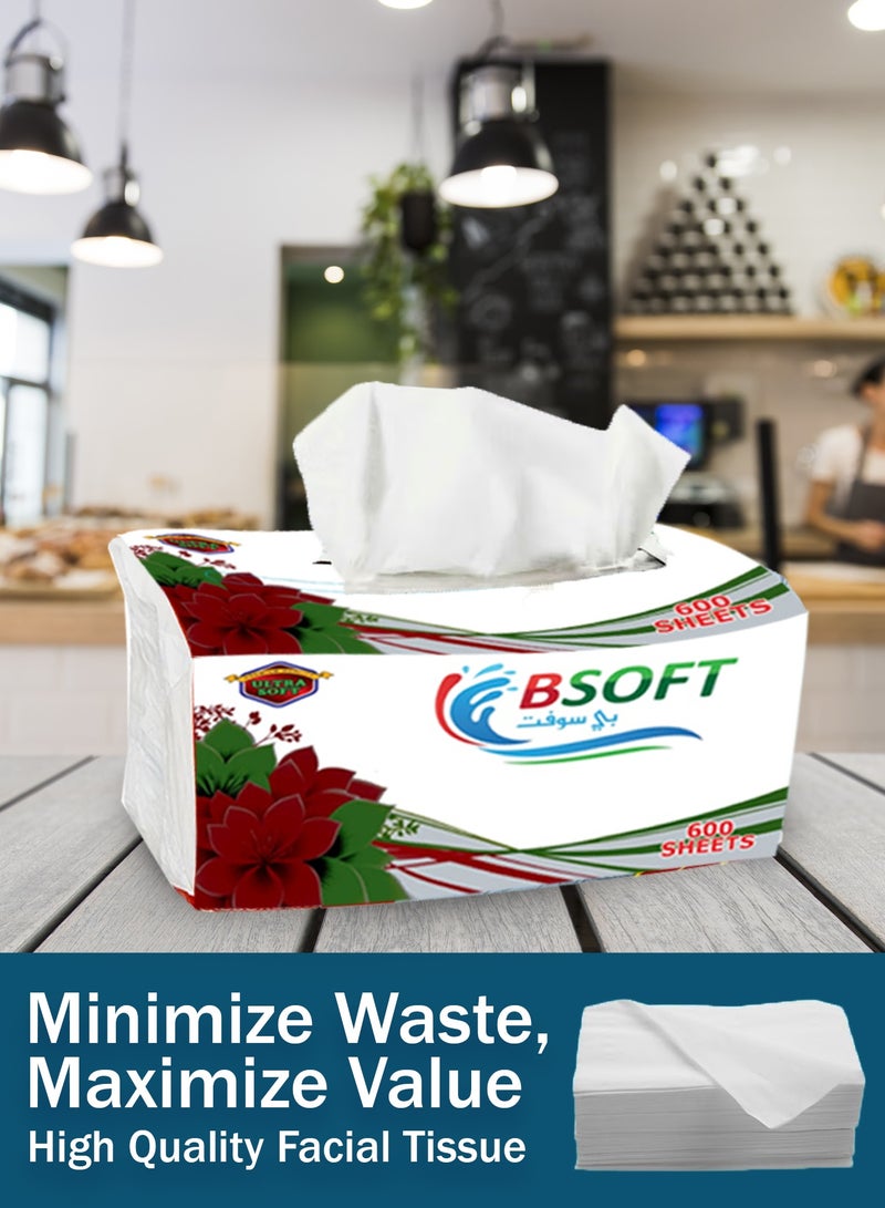 BSOFT Soft Facial Tissues – 600 Sheets, 2 Ply, Pack of 10 Boxes | Ultra-Soft, Strong & Absorbent Tissue Paper for Home, Office & Everyday Use Size 19x20 Cm - Image 3