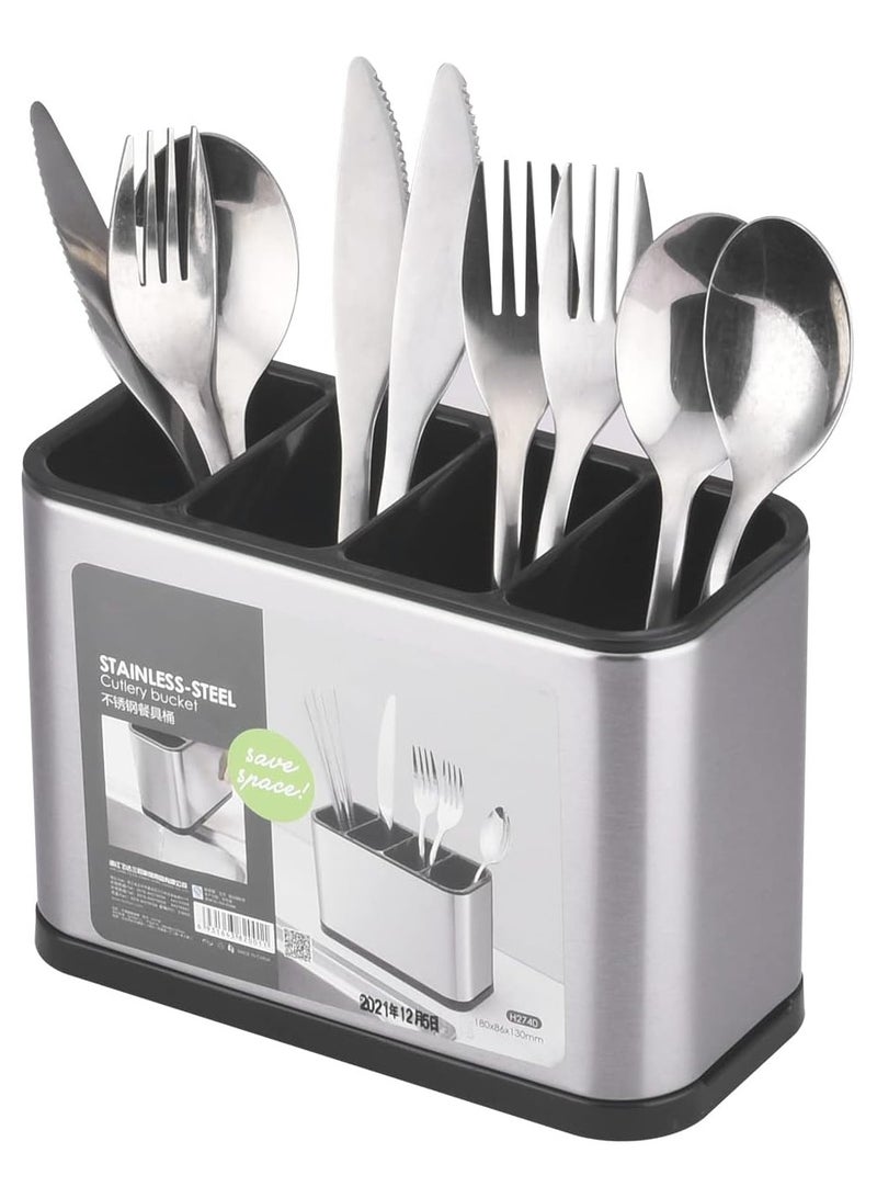 كيمايا حامل أدوات المطبخ، منظم أدوات المائدة من الفولاذ المقاوم للصدأ لسطح العمل، 4 رفوف مقسمة لأدوات المطبخ للملاعق والشوك والملعقة المسطحة (كبير) - Image 1