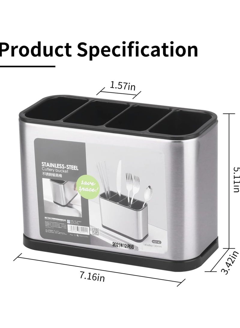 كيمايا حامل أدوات المطبخ، منظم أدوات المائدة من الفولاذ المقاوم للصدأ لسطح العمل، 4 رفوف مقسمة لأدوات المطبخ للملاعق والشوك والملعقة المسطحة (كبير) - Image 2