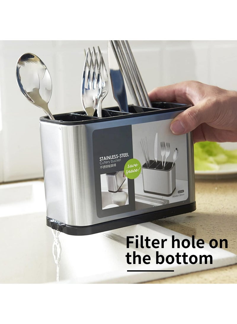 كيمايا حامل أدوات المطبخ، منظم أدوات المائدة من الفولاذ المقاوم للصدأ لسطح العمل، 4 رفوف مقسمة لأدوات المطبخ للملاعق والشوك والملعقة المسطحة (كبير) - Image 5