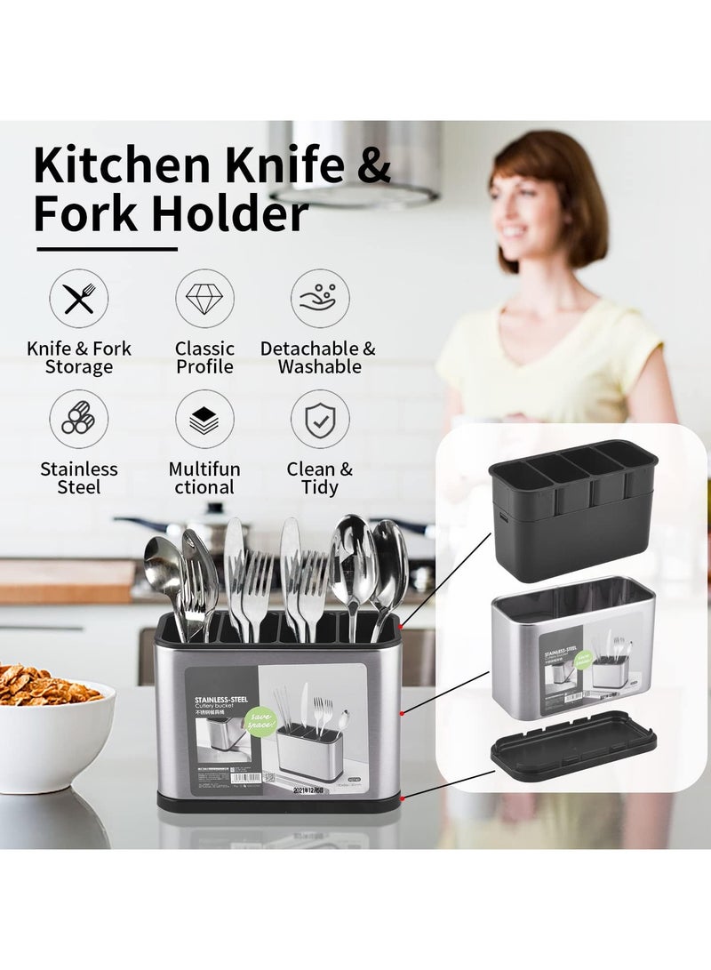 كيمايا حامل أدوات المطبخ، منظم أدوات المائدة من الفولاذ المقاوم للصدأ لسطح العمل، 4 رفوف مقسمة لأدوات المطبخ للملاعق والشوك والملعقة المسطحة (كبير) - Image 3