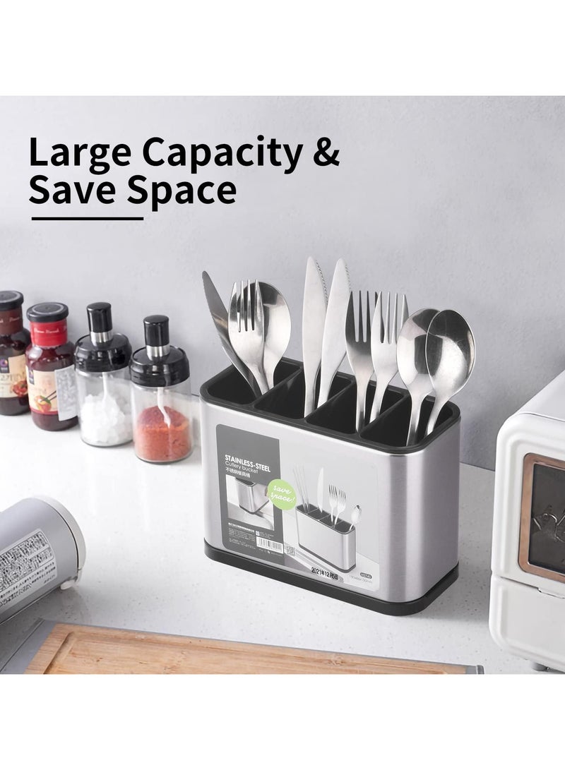 كيمايا حامل أدوات المطبخ، منظم أدوات المائدة من الفولاذ المقاوم للصدأ لسطح العمل، 4 رفوف مقسمة لأدوات المطبخ للملاعق والشوك والملعقة المسطحة (كبير) - Image 4