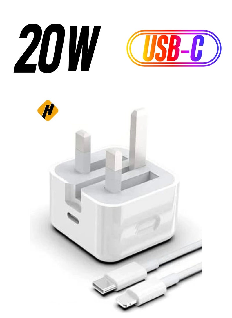 HuHa - 20-W Apple Charger Uk Plug Type C Adapter With 1m Iphone Fast Charging Cable Universal Travel Adapter Usb-c Plug Compatible For All Iphone Device 14/13/12/11 Pro And Pro Max / 8 Plus/X Max/Etc - Image 1
