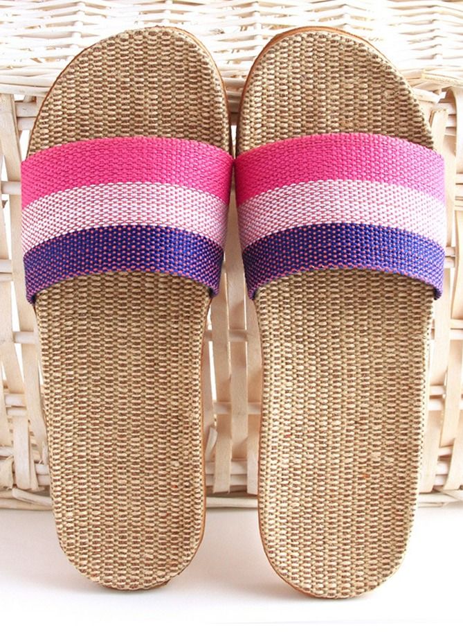 Loquat Flax Slippers Linen Slippers No Slip Indoor Slippers Open Toe Multicolor Stripes 