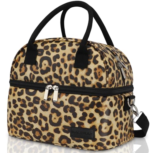 BALORAY Lunch Bag for Women Men Double Deck Lunch Box for Adults PU Leather Lunch Tote Bag Insulated Lunch Bags with Strap for Work Office Picnic