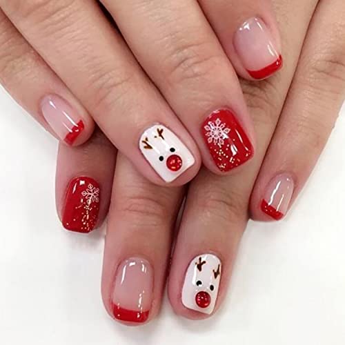 HJKDSFD Christmas Press on Nails Short Square Design Fake Nails with Nail Glue Acrylic Artificial False Nails Cute Snow Elk Full Cover Stick on Nails for Women Girls Kids Manicure Tips 24Pcsï¼ˆRed Whiteï¼‰ - Image 1