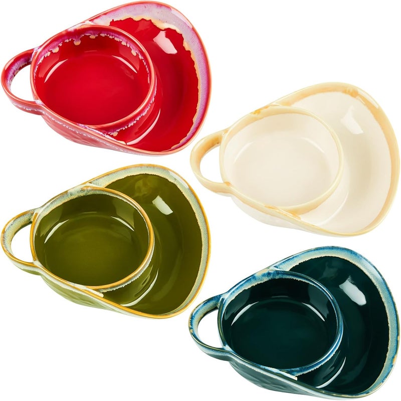 FoldTier 4 Pcs 24 oz Chip and Dip Bowl Soup and Side with Handle Serving Bowl Ceramic Soup and Sandwich Plate for Breakfast Cookies Fruits Wine Red Apricot Army Green Navy Blue - Image 1