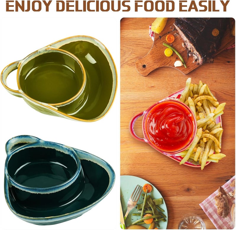 FoldTier 4 Pcs 24 oz Chip and Dip Bowl Soup and Side with Handle Serving Bowl Ceramic Soup and Sandwich Plate for Breakfast Cookies Fruits Wine Red Apricot Army Green Navy Blue - Image 3