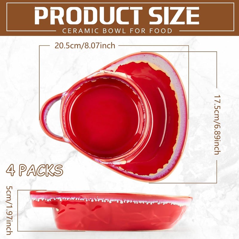 FoldTier 4 Pcs 24 oz Chip and Dip Bowl Soup and Side with Handle Serving Bowl Ceramic Soup and Sandwich Plate for Breakfast Cookies Fruits Wine Red Apricot Army Green Navy Blue - Image 2