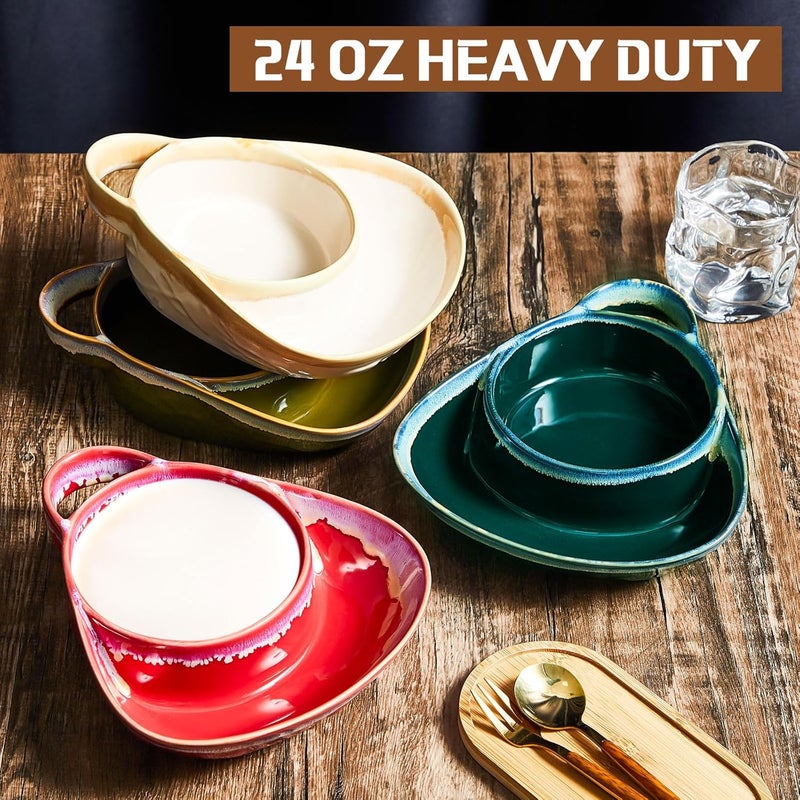 FoldTier 4 Pcs 24 oz Chip and Dip Bowl Soup and Side with Handle Serving Bowl Ceramic Soup and Sandwich Plate for Breakfast Cookies Fruits Wine Red Apricot Army Green Navy Blue - Image 5