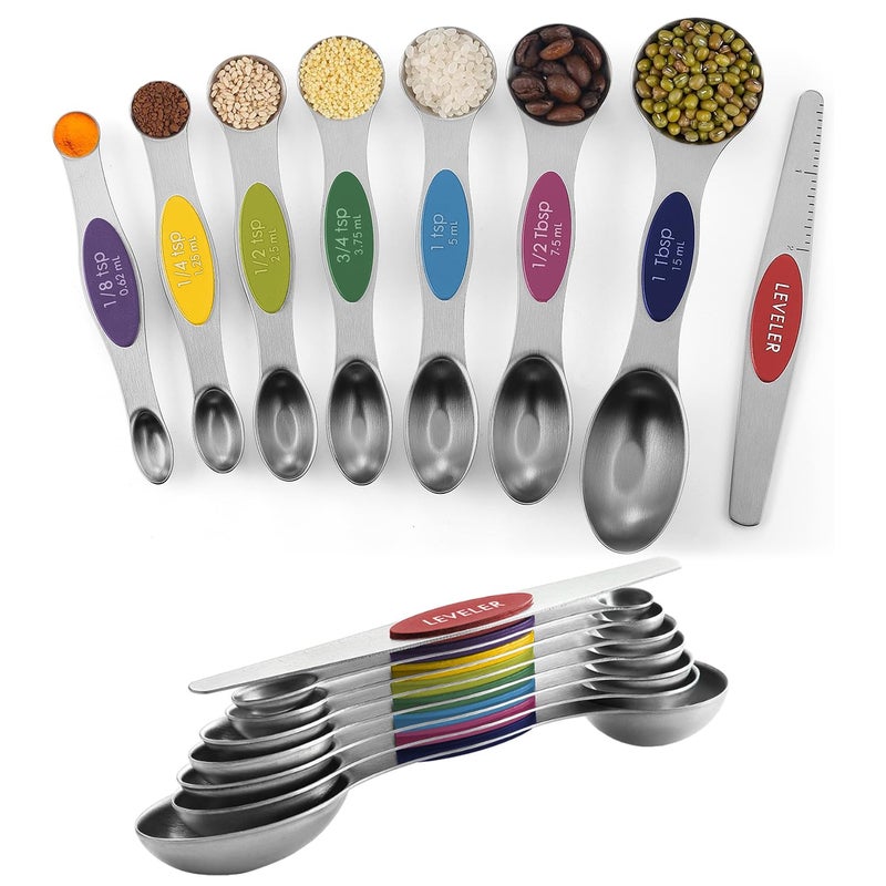 ChefAide Pack of 8 Stainless Steel Magnetic Measuring Spoons Set, Dual Sided, Stackable, Adjustable Teaspoon and Tablespoon Measure Spoon with Leveler, Kitchen Gadgets - Image 1