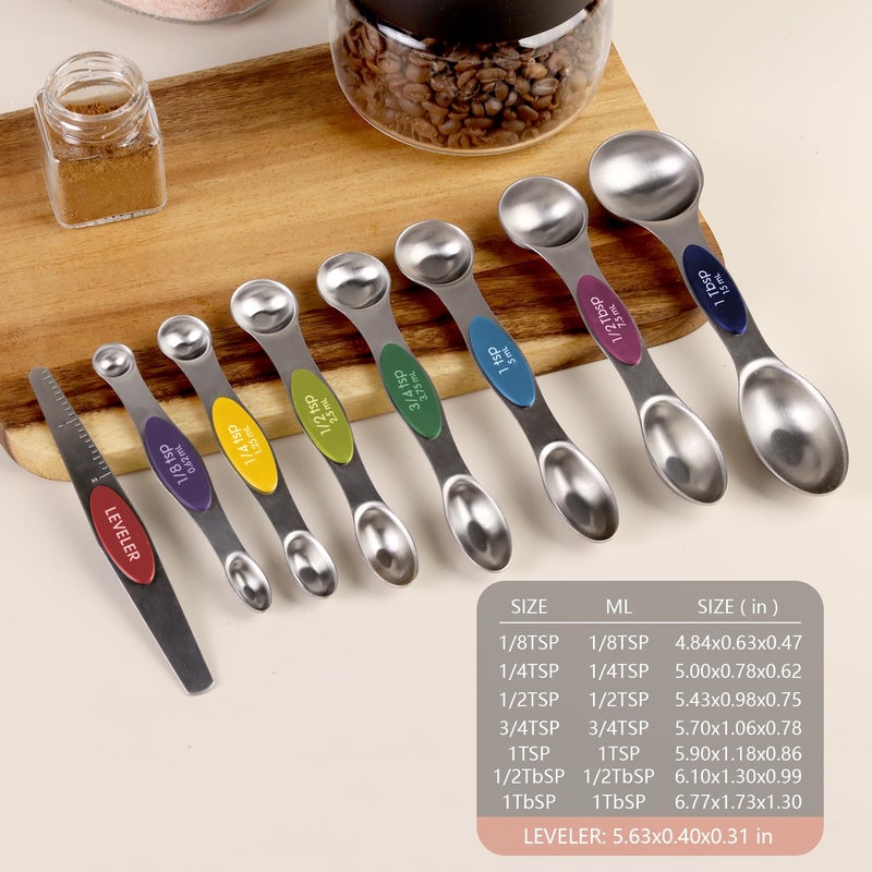 ChefAide Pack of 8 Stainless Steel Magnetic Measuring Spoons Set, Dual Sided, Stackable, Adjustable Teaspoon and Tablespoon Measure Spoon with Leveler, Kitchen Gadgets - Image 2