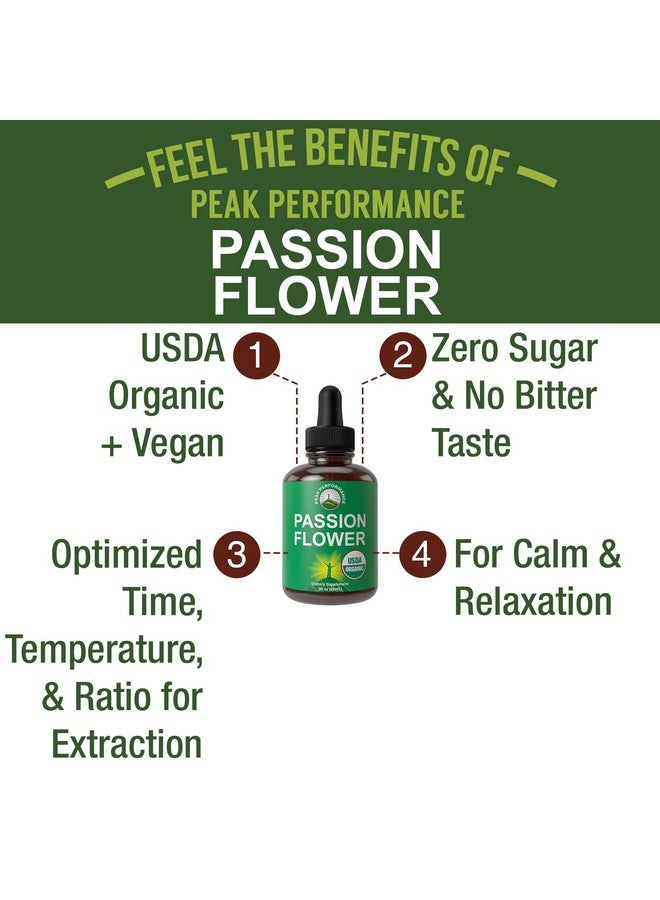 Peak Performance USDA Organic Passion Flower Extract Vegan Liquid Drops with High Bioavailability For Women and Men. Organic Passionflower Supplement With Zero Sugar and Gluten Free. For Calm, Relaxation Support. - Image 2