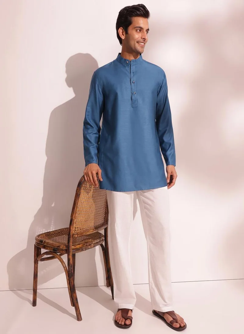 فاب انديا Blue Viscose Silk Regular Fit Short Kurta