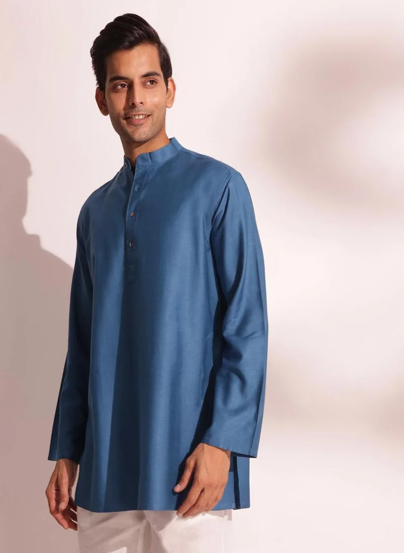 فاب انديا Blue Viscose Silk Regular Fit Short Kurta