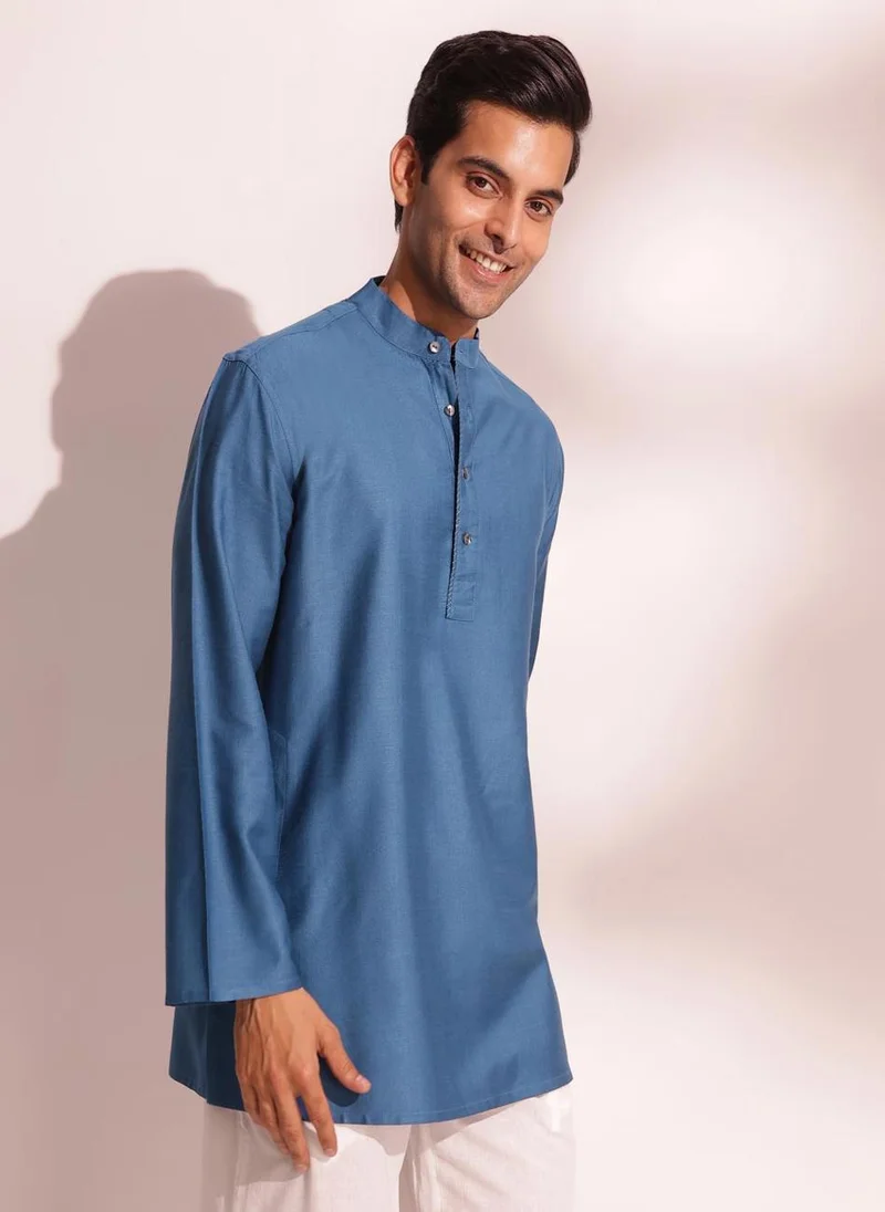 فاب انديا Blue Viscose Silk Regular Fit Short Kurta