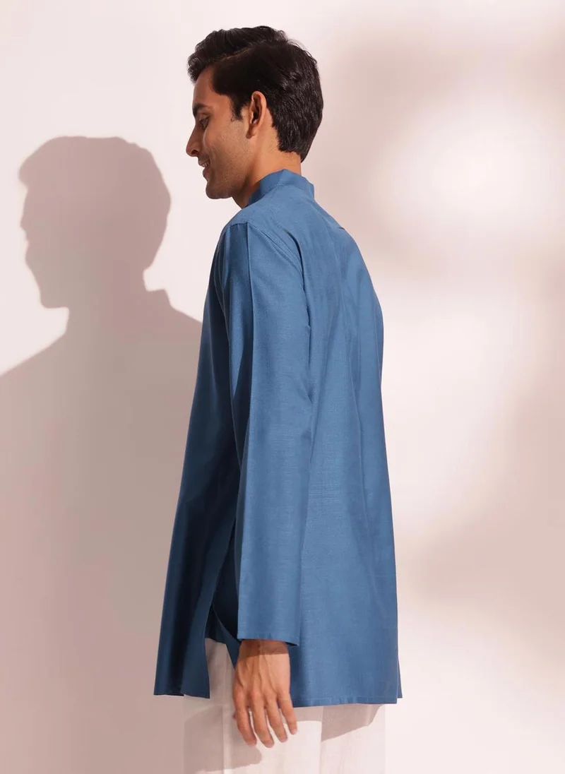 فاب انديا Blue Viscose Silk Regular Fit Short Kurta