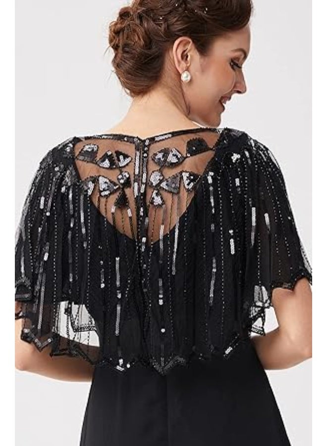 SUNSAR Shawl Wraps Sequin Beaded Evening Cape Bridal Shawl(Black) - Image 3