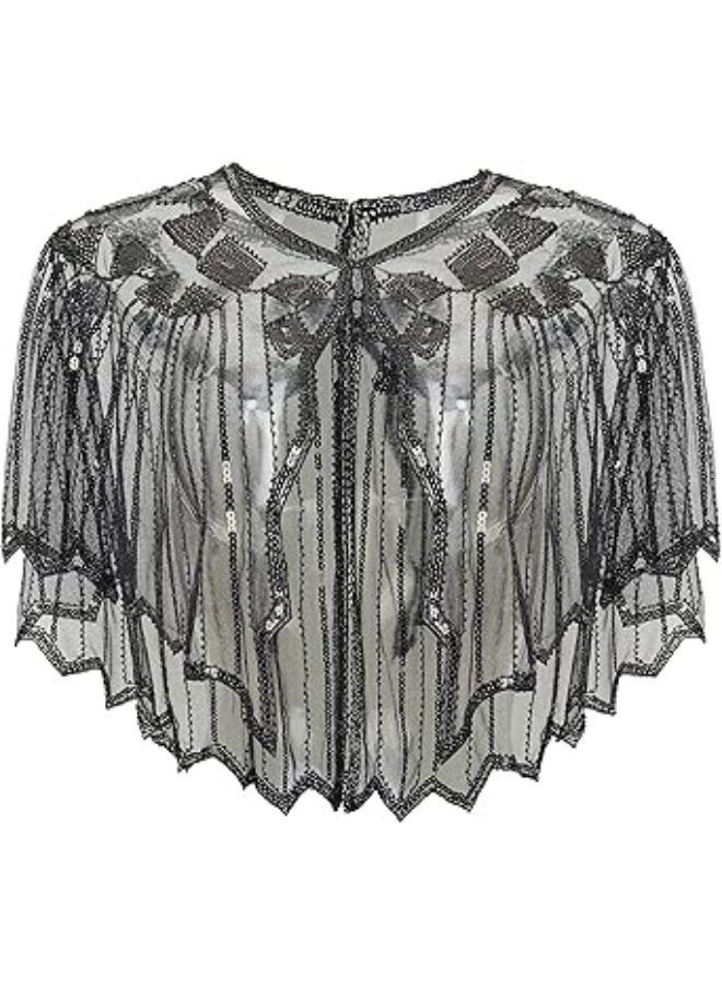 SUNSAR Shawl Wraps Sequin Beaded Evening Cape Bridal Shawl(Black) - Image 1