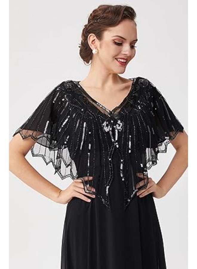 SUNSAR Shawl Wraps Sequin Beaded Evening Cape Bridal Shawl(Black) - Image 4