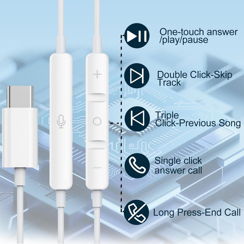 SKLNXAZ 2 عبوة - سماعات USB C لهواتف iPhone 17/16/15 Pro Max، سماعات أذن سلكية من نوع C مع ميكروفون وجهاز تحكم عن بعد مع إلغاء الضوضاء لهواتف iPhone 17/16/15 Plus/Air/Pro، iPad Pro، Galaxy S25/S24/S23/S22، Note 20 - Image 4