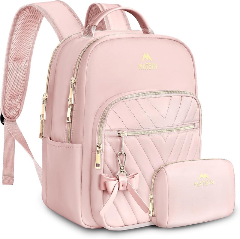 MATEIN Bowknot Cute Backpack Purse, Fashion Mini Shoulder Bag, Waterproof Lightweight Travel Daily Backpack College Handbag for Ladies Women, 2pcs Sets, Pink - Image 1