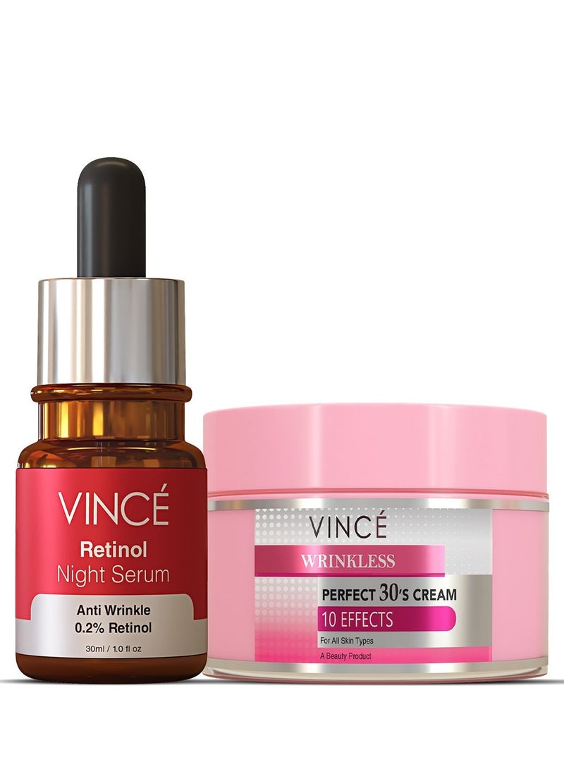 VINCE Anti-Aging Combo - Retinol Serum 30ml + Wrinkle Cream 50ml – Reduces Deep Wrinkles, Fine Lines & Sagging – Repairs Skin Cells, Boosts Collagen, Brightens Dull Skin – Paraben-Free