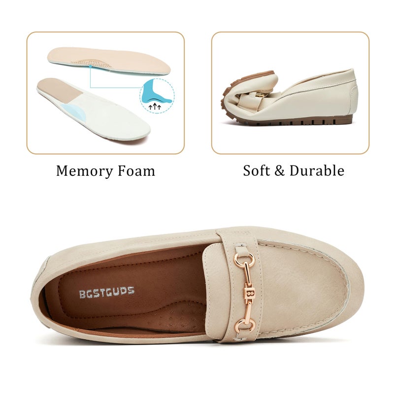 BGSTGUDS Women's Wide Loafers Shoes Cute Dressy Shoes Ladies Comfort Flats Slip Ons Work Shoes, Beige, Size 6 - Image 4