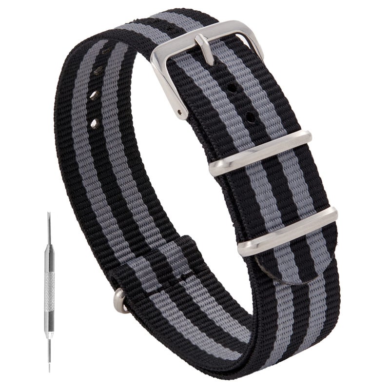 Benchmark Basics Nylon Watch Band - Waterproof Ballistic Nylon One-Piece Military Watch Straps for Men & Women - Choice of Color & Width - 18mm, 20mm, 22mm or 24mm (22mm, Black/Grey Bond Striped) - Image 1