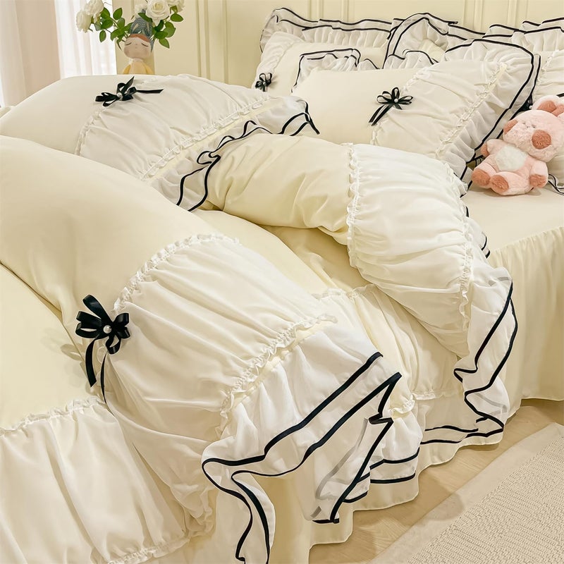 IHOUSTRIY Kids Duvet Cover Twin Size Ruffle Beddding Set with Bowtie 2 Pieces Comforter Cover Set with Zipper Closure Girl Bedding with Pillowcase Cream Yellow Twin