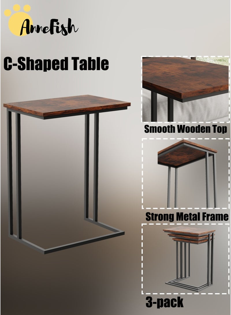 AnneFish 3Pcs C-Shaped Coffee Service Table Set Sofa Side Nesting Table End Table For Home Living Room Bedroom Small Coffee Table Couch Table Metal Frame Easy Assembly - Image 5