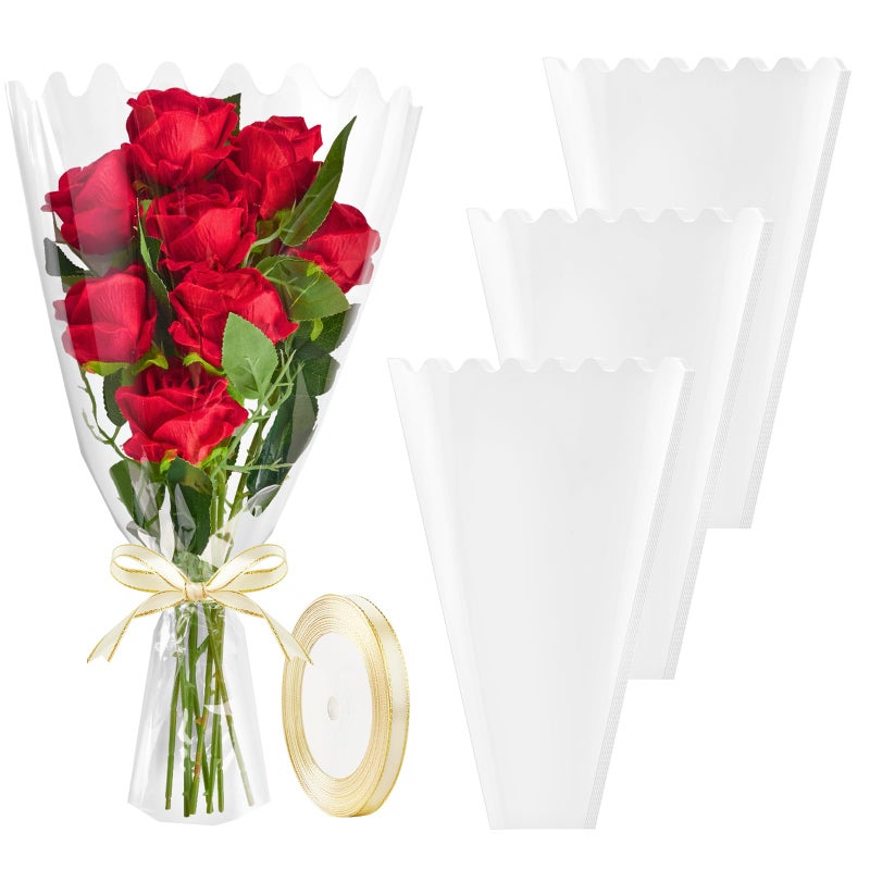 Mauproy 100 Pack Clear Flower Bags for Bouquets, Cellophane Floral Bouquet Sleeves with Wave Edges and Ribbons for Valentine's Day Wedding Florist Supplies (18 x 12 Inches) - Image 1