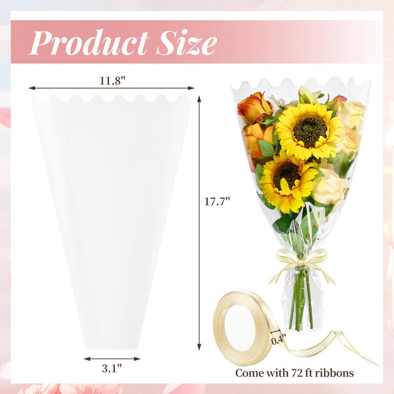 Mauproy 100 Pack Clear Flower Bags for Bouquets, Cellophane Floral Bouquet Sleeves with Wave Edges and Ribbons for Valentine's Day Wedding Florist Supplies (18 x 12 Inches) - Image 2