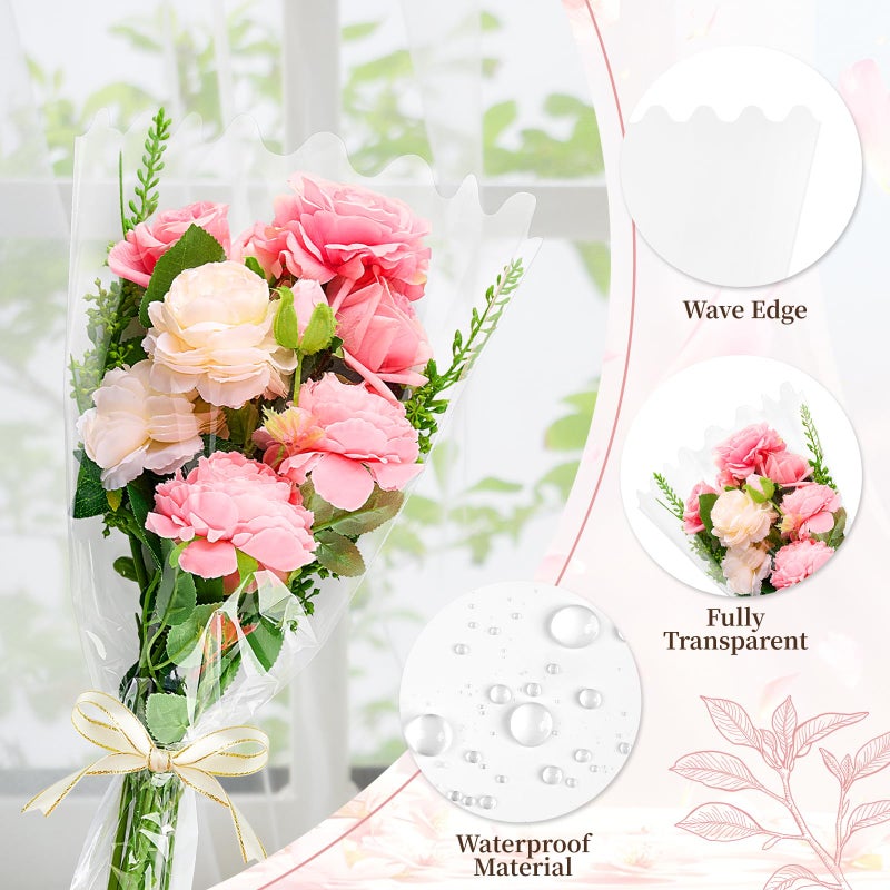 Mauproy 100 Pack Clear Flower Bags for Bouquets, Cellophane Floral Bouquet Sleeves with Wave Edges and Ribbons for Valentine's Day Wedding Florist Supplies (18 x 12 Inches) - Image 3