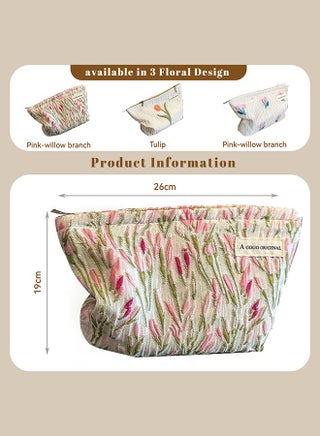 Make Up Bag, Zipper Cosmetic Bag,Portable Toiletry Organizer Bag For Women, Large Capacity Pouch Storage Bags For Travel,Makeup Case Organizer,Canvas Flowers Skincare Pouch Bag (Pink-willow branch) - view 2