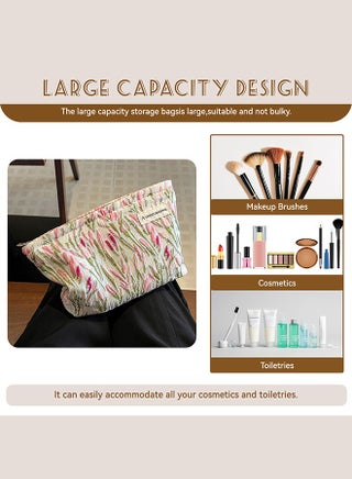 Make Up Bag, Zipper Cosmetic Bag,Portable Toiletry Organizer Bag For Women, Large Capacity Pouch Storage Bags For Travel,Makeup Case Organizer,Canvas Flowers Skincare Pouch Bag (Pink-willow branch) - view 3