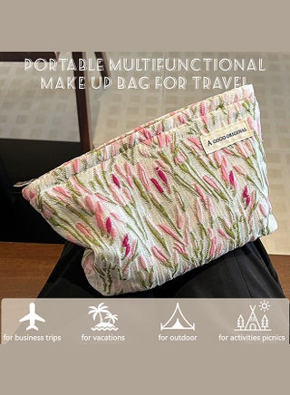 Make Up Bag, Zipper Cosmetic Bag,Portable Toiletry Organizer Bag For Women, Large Capacity Pouch Storage Bags For Travel,Makeup Case Organizer,Canvas Flowers Skincare Pouch Bag (Pink-willow branch) - view 5