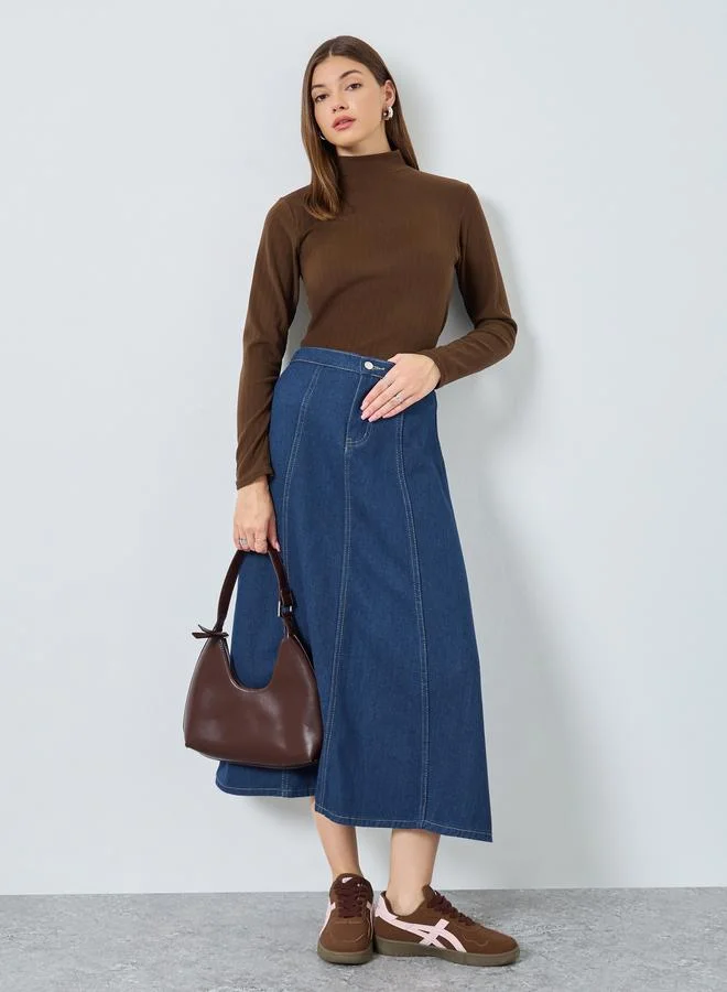Styli Dark Blue Solid Panelled A-Line Midi Denim Skirt